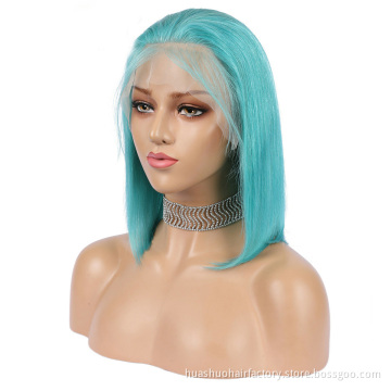 Sexy Brazilian Hair Short Bob Wigs 130% 150 Density Human Hair Wigs Color Light Blue Lace Frontal Wigs